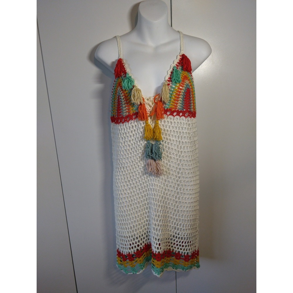 Womens Crochet Boho Mini Dress Size M Tassels Beachy Festival Resort Hippie